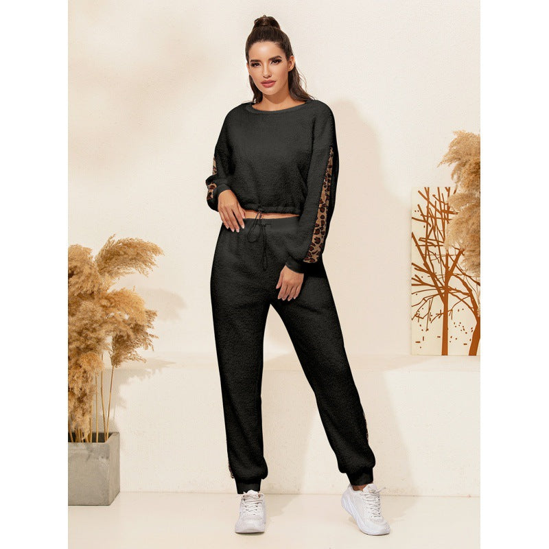 Women Sherpa Jacket Autumn and Winter Plush Sweater Casual Leopard Print Stitching Double-Sided Velvet Two-Piece Set