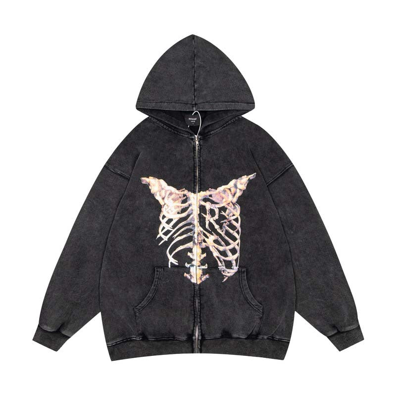 Present Hoodie Sternum Lumbar Spine Printed Distressed Vintage Zipper Hooded Sweater