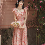 Women Cottagecore Dress Fresh Sweet Pink Floral Dress Summer Retro Dress