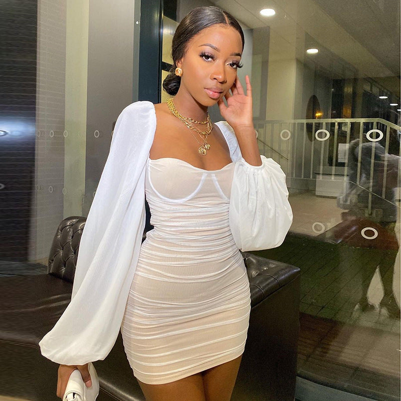 Women Summer Dresses Mini Dress Spring Sexy Backless Lantern Sleeve Pleated Skirt Dress
