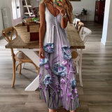 Women Bohemian Dress Summer Spaghetti Straps Sleeveless Loose Printed Dress
