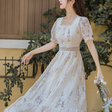 Women cottagecore Dress Summer Vintage Skirt Square Collar Floral Dress Mid-Length Skirt