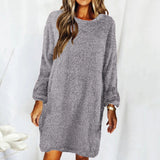 Work Dresses for Girls Autumn and Winter Solid Color Comfortable Plush Long Sleeve round Neck Loose Dress