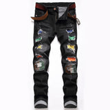 J Shaped Jeans Men's Jeans Straight Hole Colored Mosaic Patchwork Stick-on Crystals