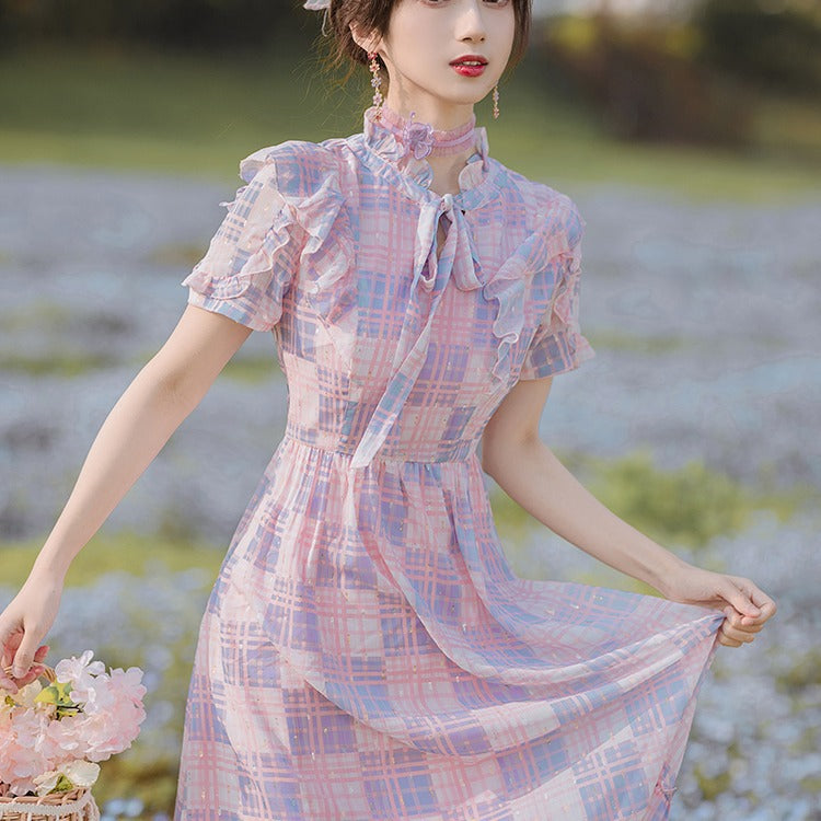 Women's cottagecore Dress Printed Plaid Dress Short Sleeve Women's Summer