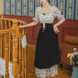 Women cottagecore Dress Summer Retro Square Collar Puff Sleeve Dress