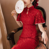 Women cottagecore Dress Bride Summer Red Marriage Engagement Female Lace