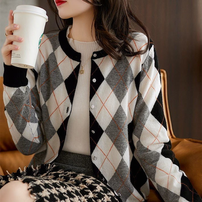 Preppy Aesthetic Outfits Plaid Vintage Knitted Cardigan Sweater Women's Fashion Small Coat Women