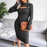 Sweater Dress Outfit With Tights 2 Pieces Set Autumn Winter Sexy Hollow out Hip Skirt Knitted Jumpsuit