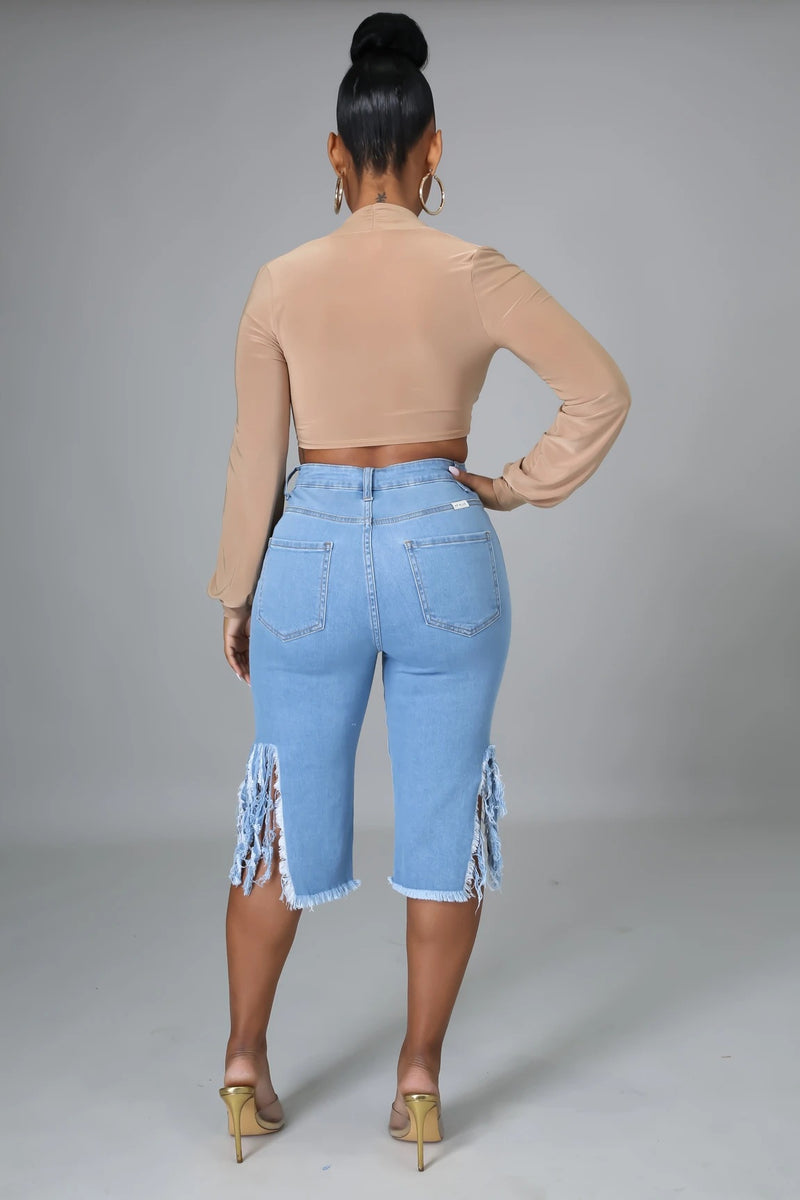 Women Denim Shorts Ripped Stretch Tasseled Jeans Women's Middle Pants