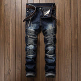 J Shaped Jeans New Men's Jeans Slim Straight Pleated Zipper Motorcycle Snowflake Holes, Blue
