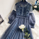 Fairy Dress Stand-Collar Gauze Three-Dimensional Women's High Waist Hollow-out Dress Lantern Lace