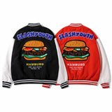 Letterman Jacket Outfit Senior Jackets Varsity Baseball Coat Cartoon Hamburger Embroidered Baseball Uniform Coat Men's Jacket