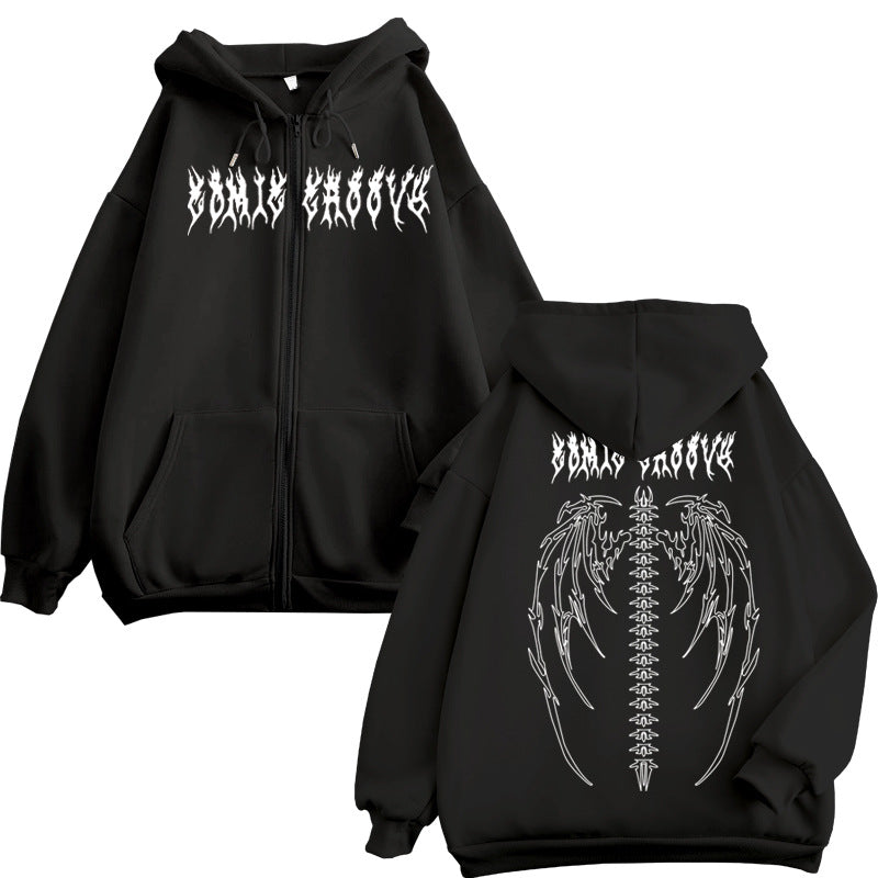Skeleton Hoodie Vintage Printed Zipper Hooded Sweatshirt Angel Bones Wings Men's and Women's Coats