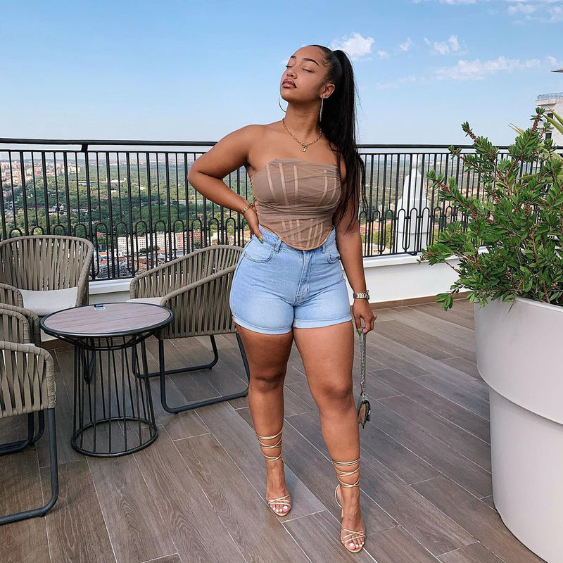Women Plus Size Denim Shorts High Waist Slim-Fitting Patchwork Denim Shorts
