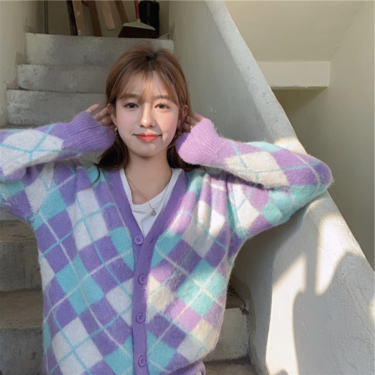 Preppy Aestitic Outfits Plaid Knitted Cardigan