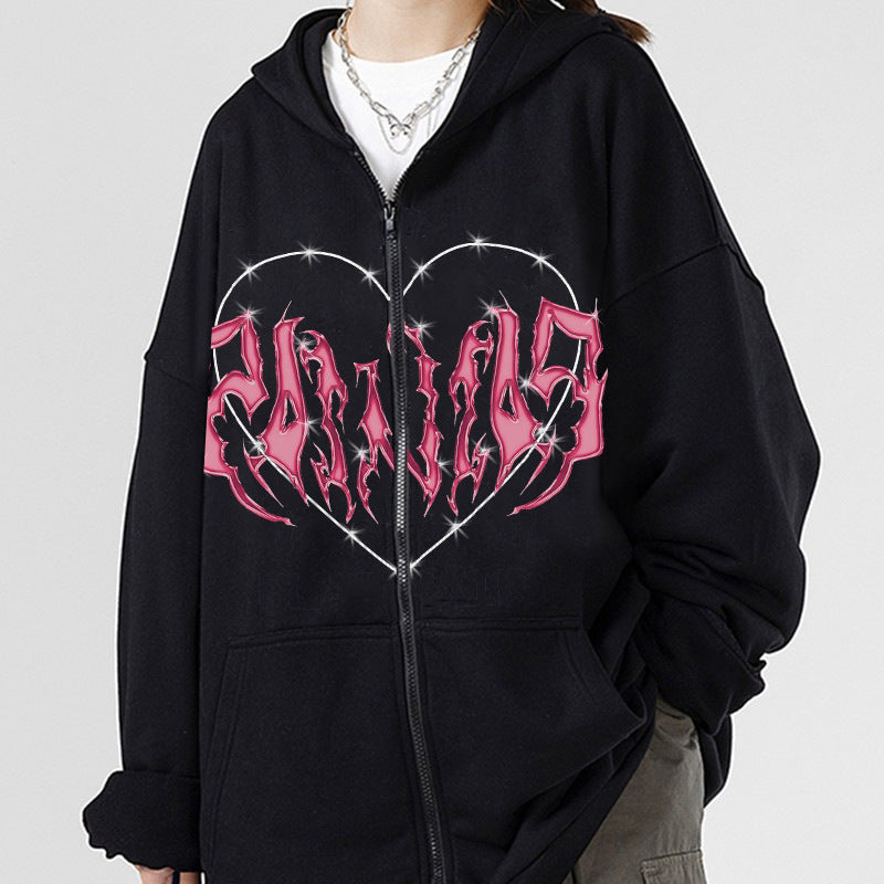 Skeleton Hoodie Winter Fleece Women's Long Sleeve Hoodie Heart-Shaped Clothes Printed Zipper