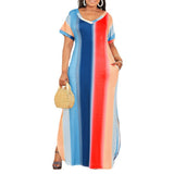 Women Plus Size Maxi Dresses Summer Color-Striped Printing Short Sleeve Dress
