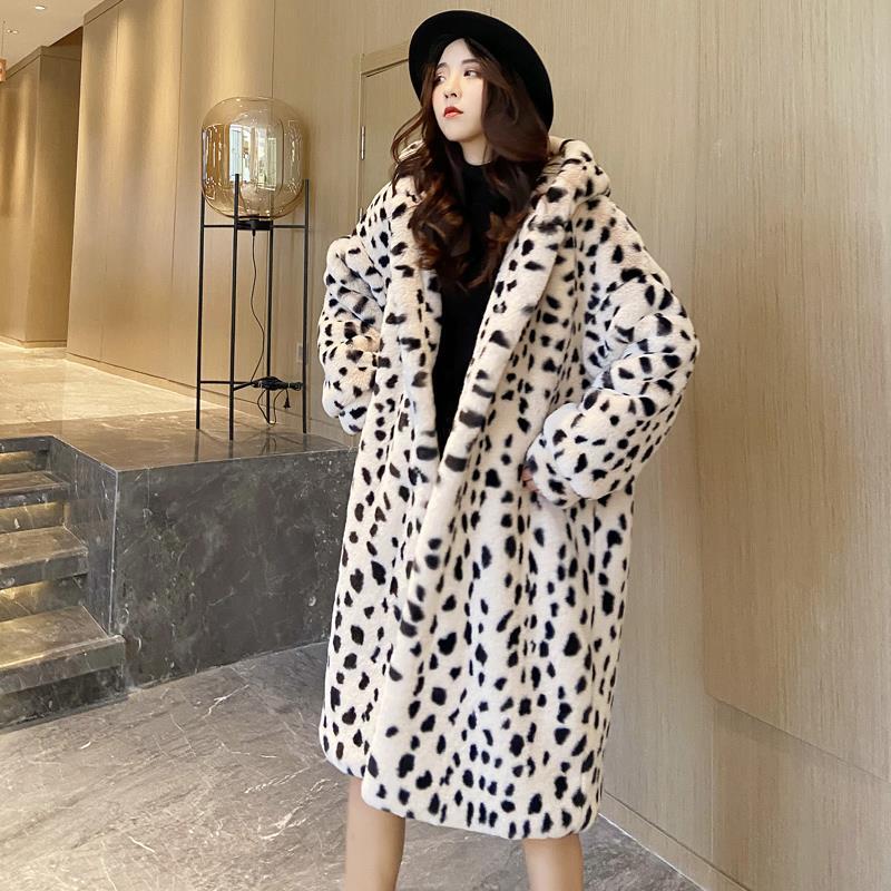 Women Dalmatian Coat Imitation Rex Rabbit Fur Coat Long Loose Hooded Fur Women's Clothing