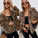 Women Sherpa Jacket Leopard Print Lapel Plush Loose Faux Leather Faux Leather Jacket