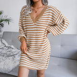 Sweater Dress Outfit With Tights 2 Pieces Set Autumn and Winter Striped Hollow out Woolen Skirt Knitted Dress