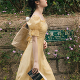 Women's cottagecore Dress Summer Niche Retro Square Collar Dress Fairy Midi Dress