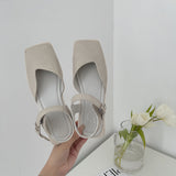 Nude Pumps Block Heel Leather Shoes Retro Sandals