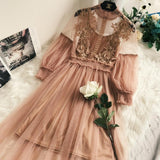 Fairy Dress Stand-Collar Gauze Three-Dimensional Women's High Waist Hollow-out Dress Lantern Lace