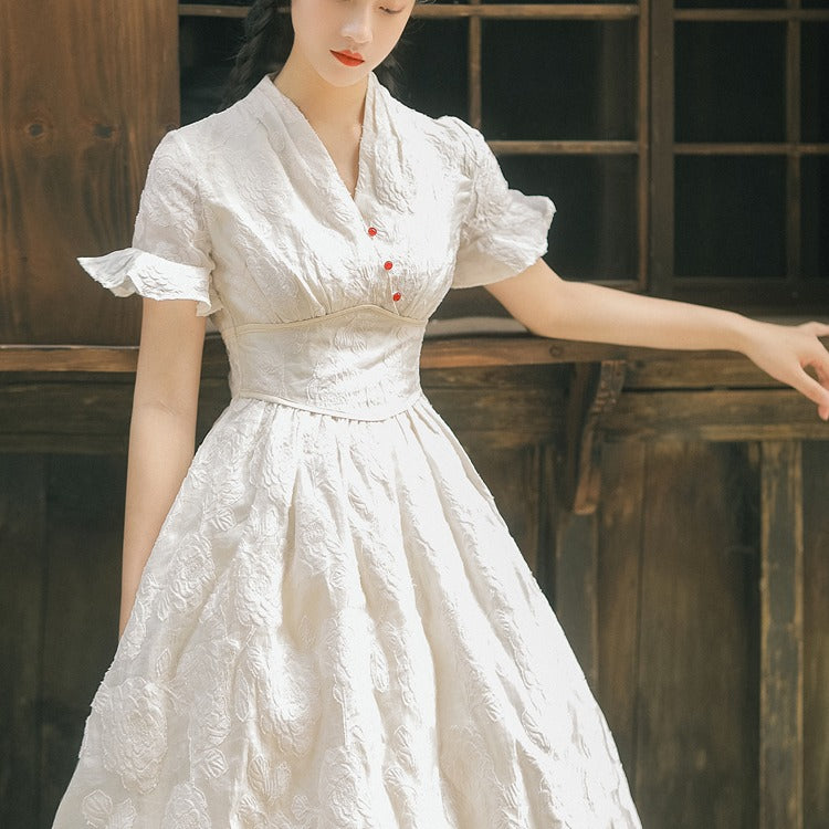 Women Cottagecore Dress Summer Retro Style Waist Dress Lady Gentle Long Dress