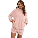 Women Sherpa Jacket Hooded Sweater Set Casual Homewear Double-Sided Plush Two-Piece Set