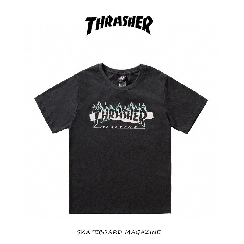 Thrasher T Shirt Flame Thrasher Summer round Neck Loose Print