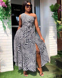 Women Plus Size Midi Dresses Printed Off-Shoulder Pure Color Split Dress