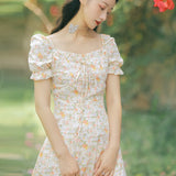 Women Cottagecore Dress French Style Retro Square Collar Dress Summer