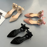 Nude Pumps Block Heel Bow Rhinestone High Heel Shoes