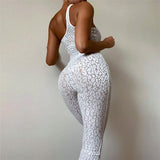 Summer Women's Sexy Mesh Flocking Leopard Print One-Shoulder High Waist Tight Sports Jumpsuit