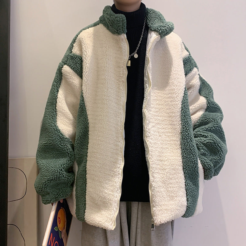 Men's Autumn Winter Coat Color Stitching Stand-Collar Loose Cotton Coat