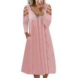 Work Dresses with Pockets Autumn Zipper V-neck Solid Color Long Sleeve Dress