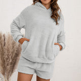 Women Sherpa Jacket Hooded Sweater Set Casual Homewear Double-Sided Plush Two-Piece Set