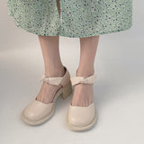 Nude Pumps Block Heel Bow High Heels