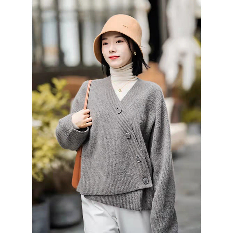 Preppy Aesthetic Outfits Autumn Leisure Wool V-neck Oblique Button Cardigan Women's Knitted