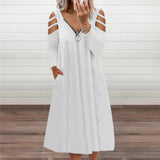 Work Dresses with Pockets Autumn Zipper V-neck Solid Color Long Sleeve Dress
