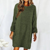 Work Dresses for Girls Autumn and Winter Solid Color Comfortable Plush Long Sleeve round Neck Loose Dress