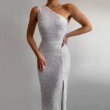 Mariah Carey See through Dress Split Dress One Shoulder Sequins Dress