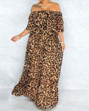 Women Plus Size Maxi Dresses Off-Shoulder Loose Leopard Print Dress