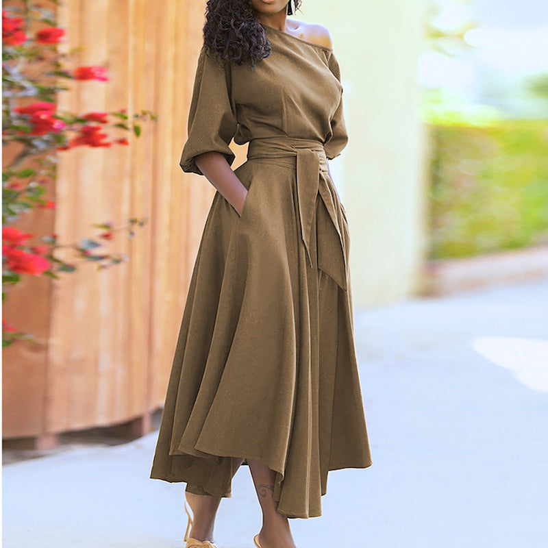 Work Dresses with Pockets Autumn Tight Waist Temperament Pure Color Dress