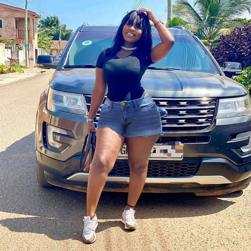 Women Plus Size Denim Shorts High Waist Slim Fit Denim Shorts