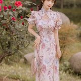 Women Cottagecore Dress Vintage Beaded Floral Cheongsam Dress