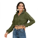 Women Sherpa Jacket Exposed Navel Leopard Print Color Matching Drawstring Sweatshirt Plush Women's Clothing