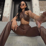 Women Top & Pant 2 Piece Set Autumn Sexy Backless Underwaist Slim-Fit Straight Trousers Suit