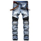 J Shaped Jeans Men's Oversized Jeans Ripped Motorcycle Zipper Pleated